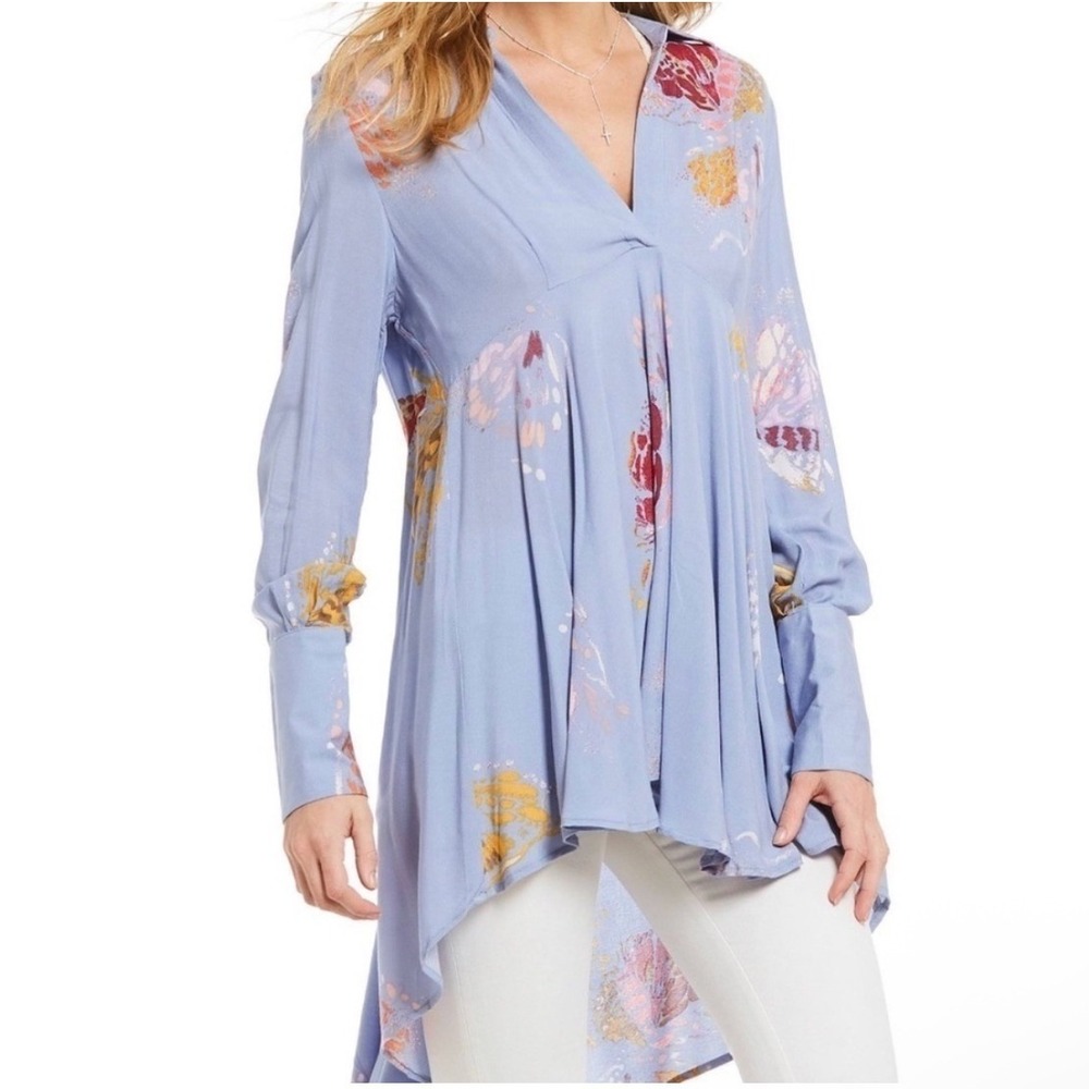 Free People Field of Butterflies Tunic Top Women's Small Blue Floral Boho